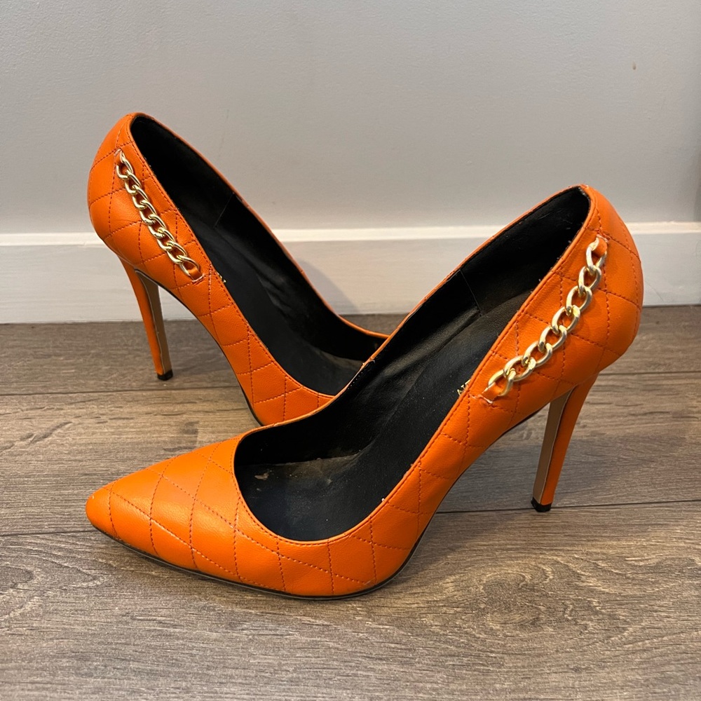 LOSLANDIFEN Orange Faux Leather Heels with Gold Chain - 4 inch
